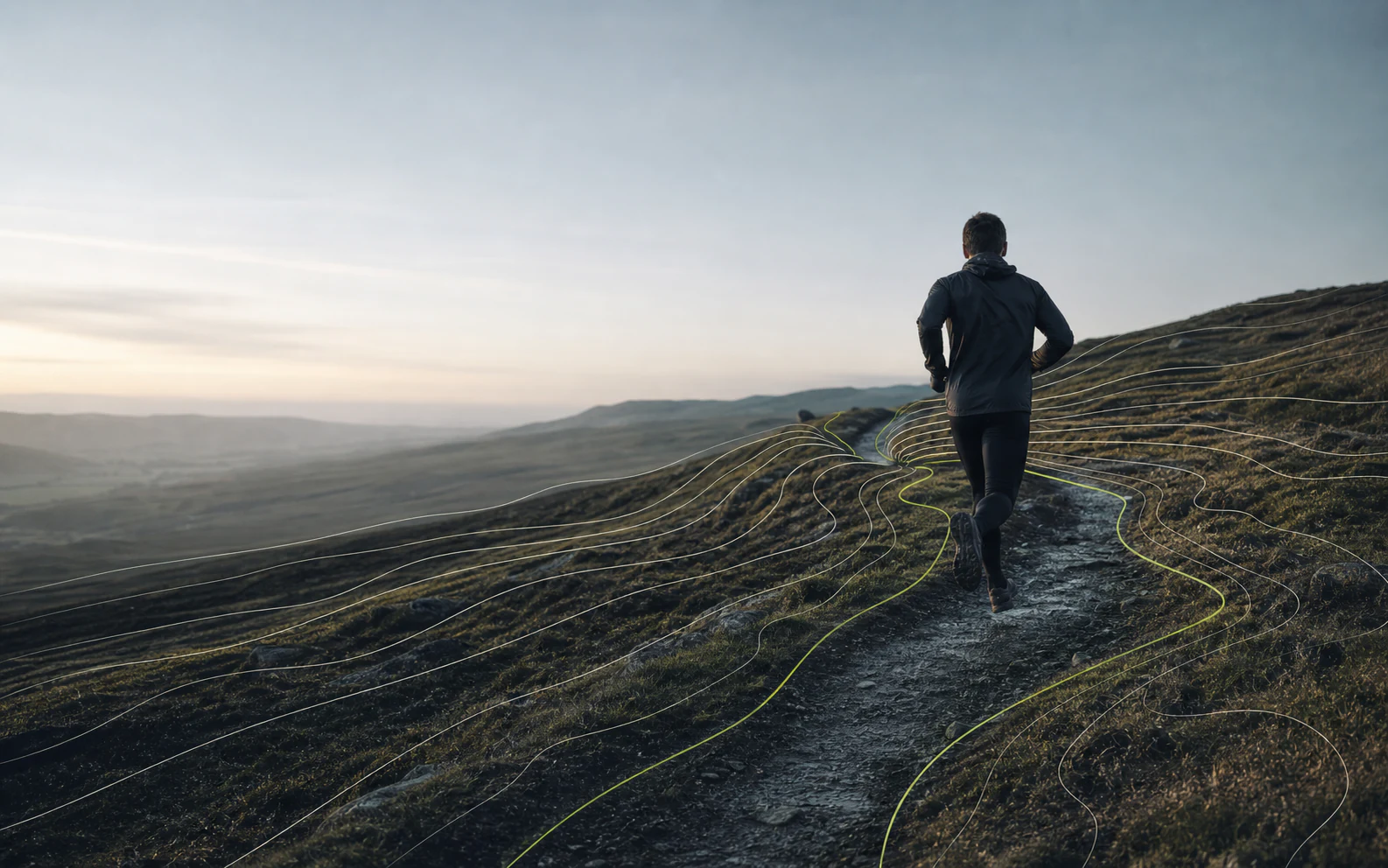 A runner following an upland path through a field of contour lines